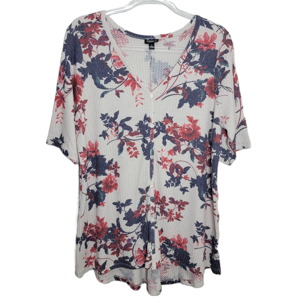 Torrid Womens Plus Size 2X Floral Waffle Knit Button Front Tunic‎ Top V-Neck